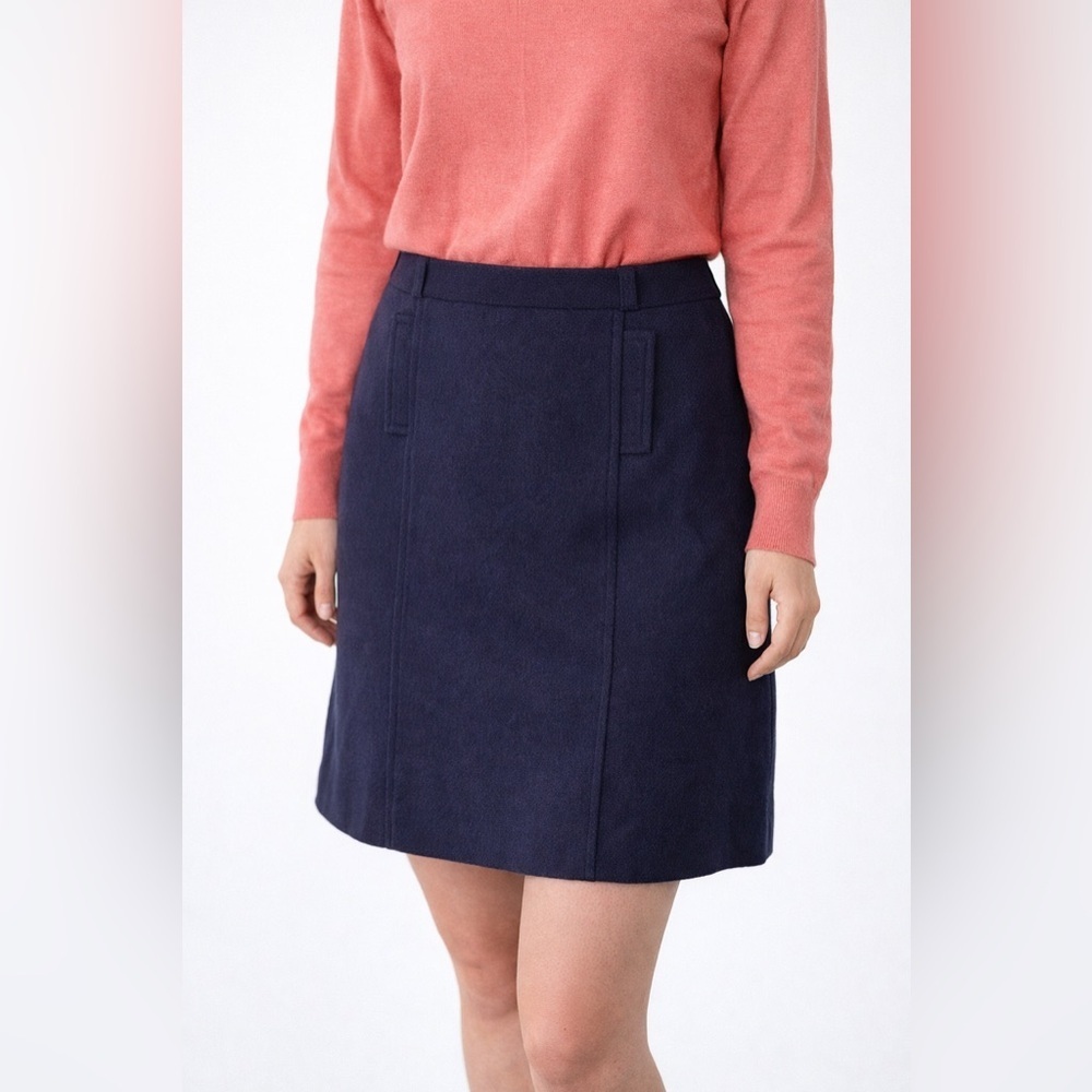 Talbots Skirt Womens 10 Petites Wool Blend Navy Blue Faux Pockets Career